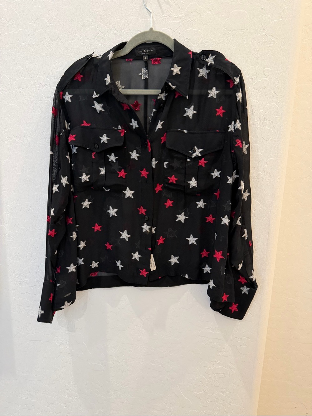 Rag & Bone Pearson Star Silk Sheer Button-Down Blouse Black Red White β M